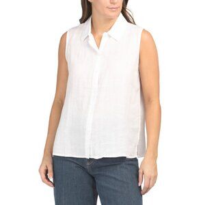 EILEEN FISHER White Linen Classic Collared Sleeveless Shirt